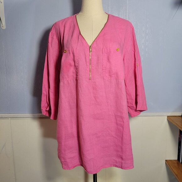 Company Ellen Tracy Extra Large Pink Peony Zippered V Neck Roll Tab Linen Blouse - Picture 1 of 13